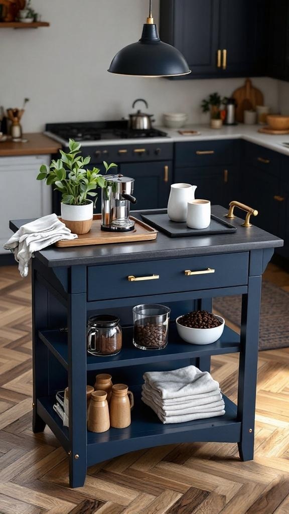A modular coffee bar island with a removable slate serving tray, featuring coffee jars, mugs, and a plant.