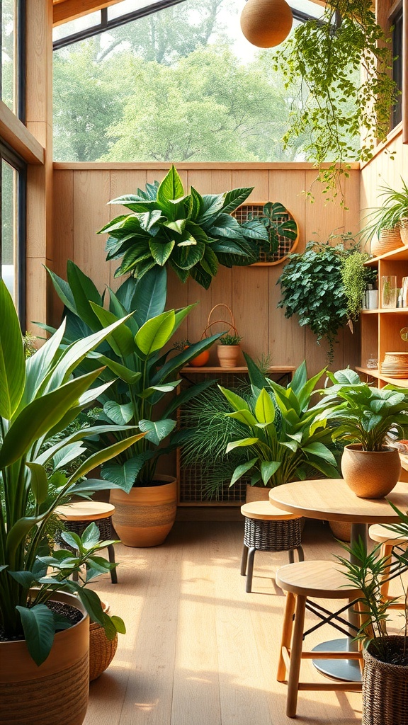 A cozy coffee nook surrounded by lush greenery and natural materials.