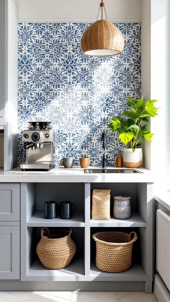 Open-air coffee counter station with a patterned ceramic backsplash, featuring a coffee machine, mugs, and decorative baskets.