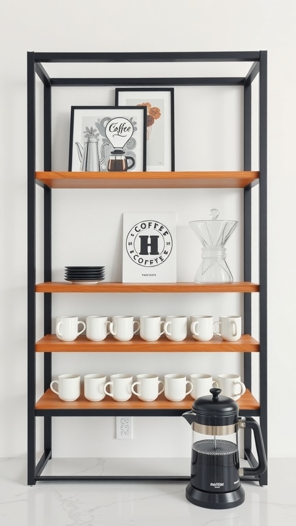 Open-frame coffee bar with natural-oak shelves displaying mugs and coffee accessories.