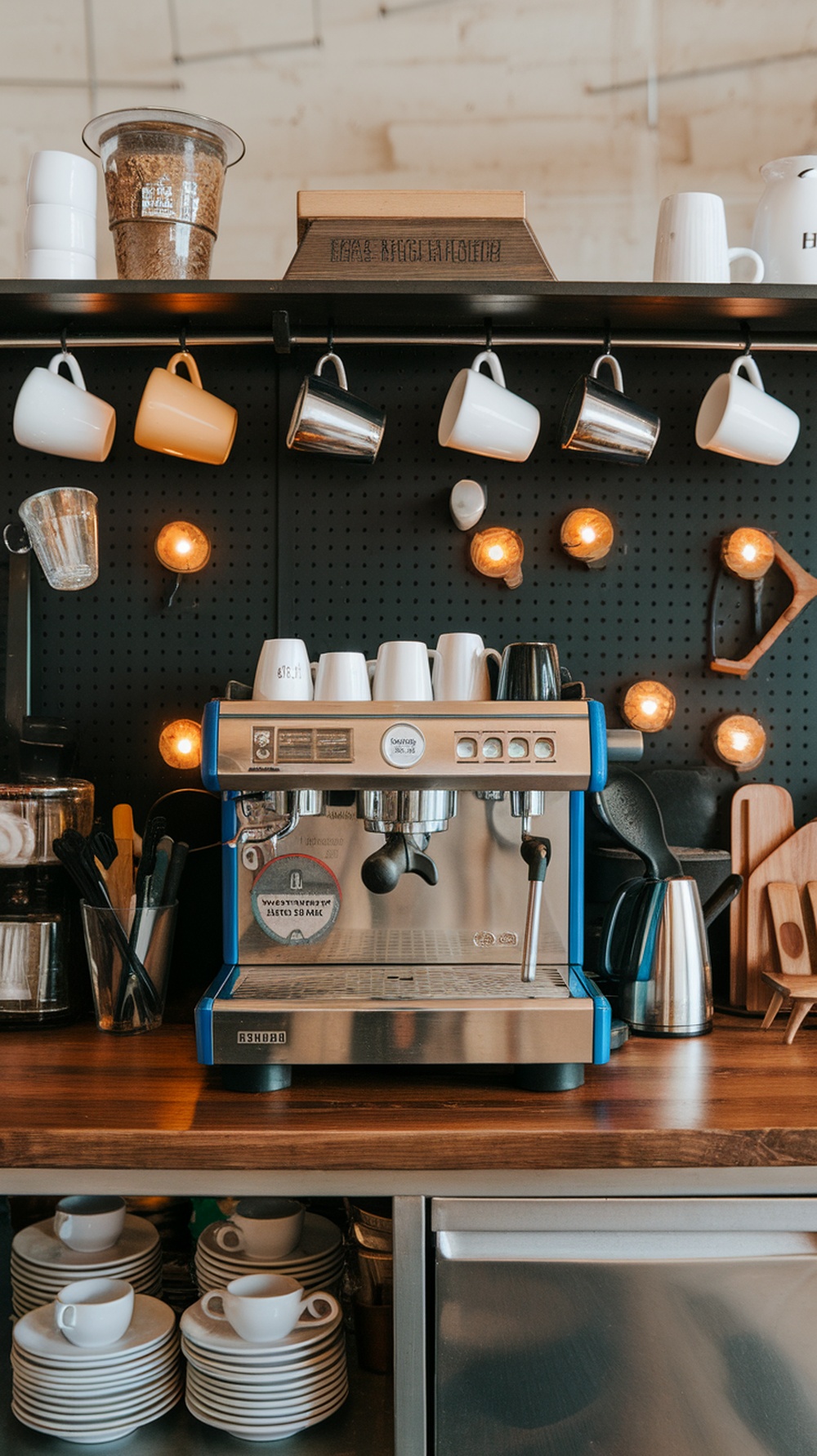 Open-frame coffee bar station with pegboard display featuring coffee machine, mugs, and decor.