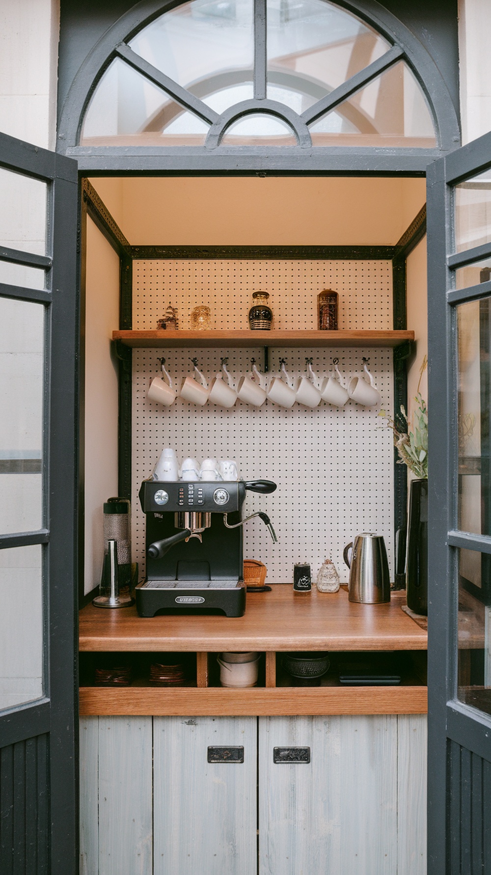 Open metal coffee bar station with pegboard panel and coffee machine.