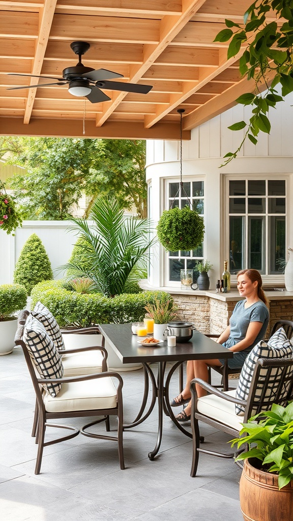 A cozy outdoor patio setup with a table, chairs, and greenery.