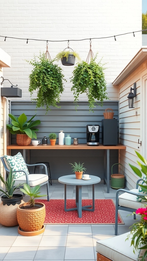 A cozy outdoor coffee bar setup with plants and seating.