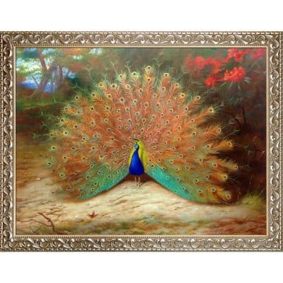 overstockArt Peacock & Peacock Butterfly, 1917 by Archibald Thorburn Framed Hand Painted Oil on canvas with Rococo Silver Frame