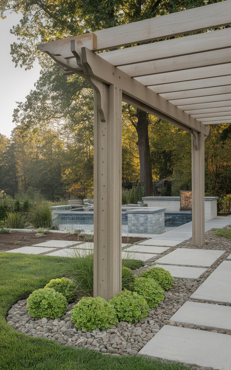 Pergola footings surrounded by river rock and greenery.