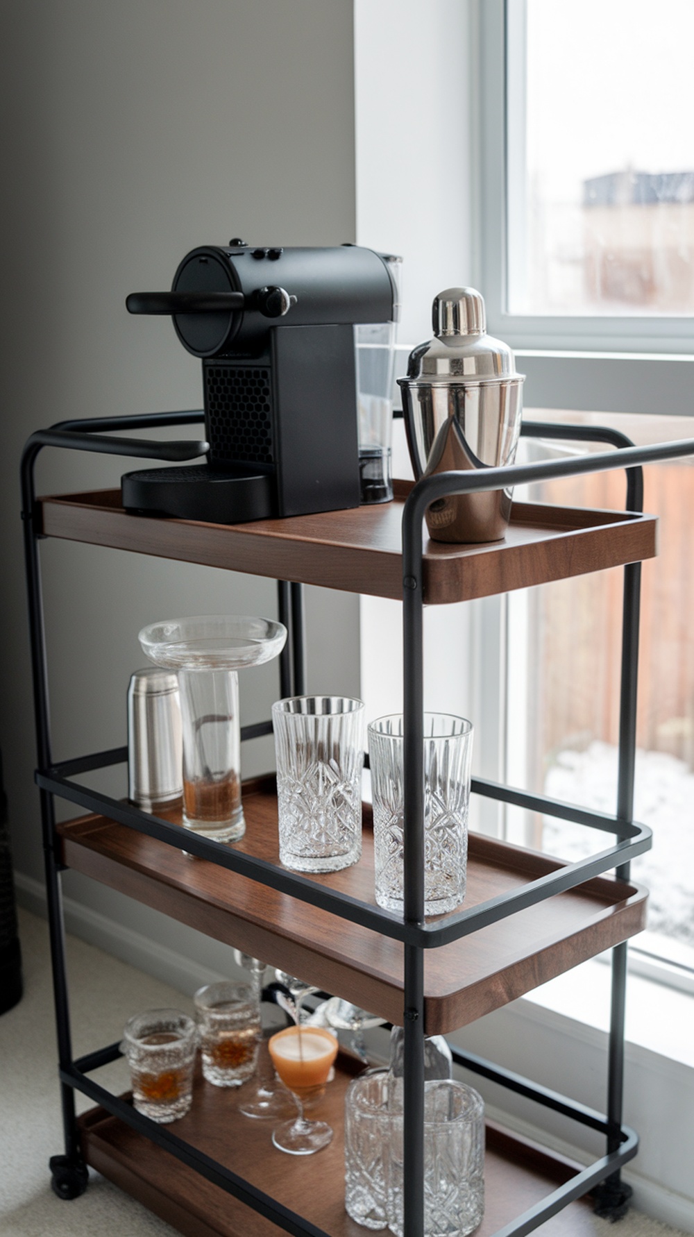 A stylish portable bar cart with a coffee machine and glassware.