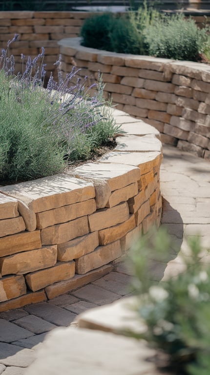 A curved stone retaining wall planter filled with lavender and greenery.