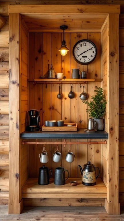 A rustic coffee bar built into a mountain cabin featuring log accents, shelves, and coffee equipment.