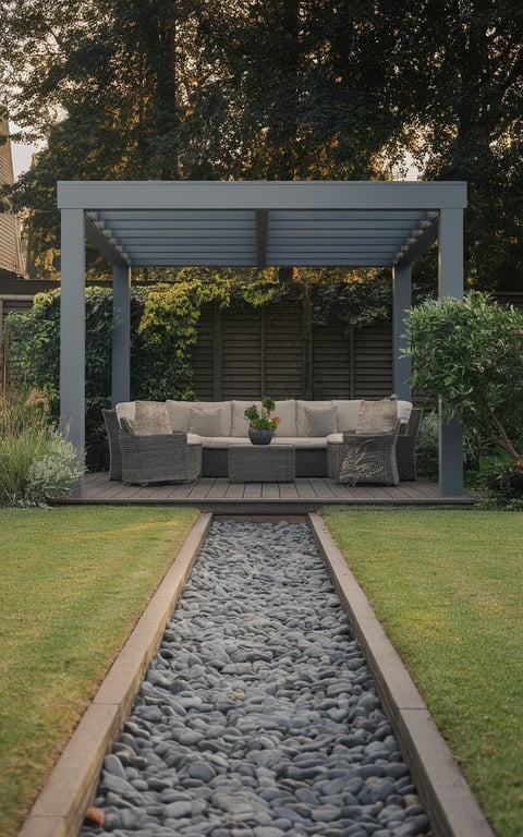 A backyard garden room with a smooth river rock pathway leading to a cozy seating area.