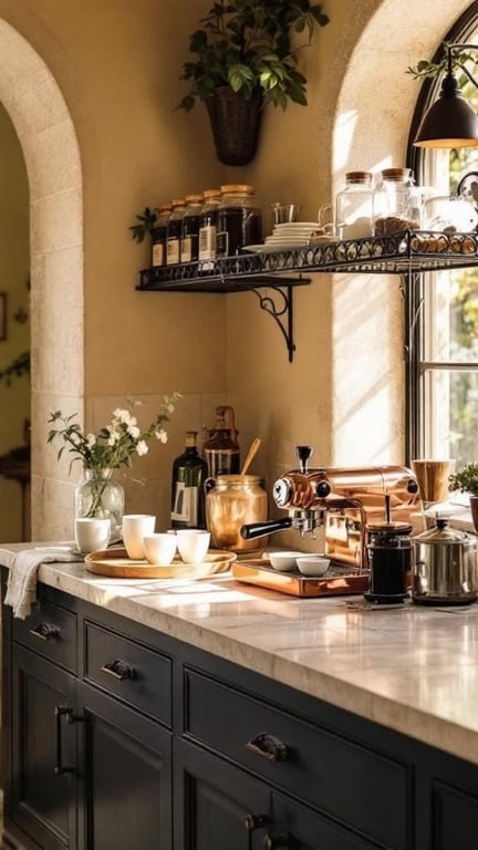 A cozy coffee bar station featuring Tuscan stone and wrought iron elements.
