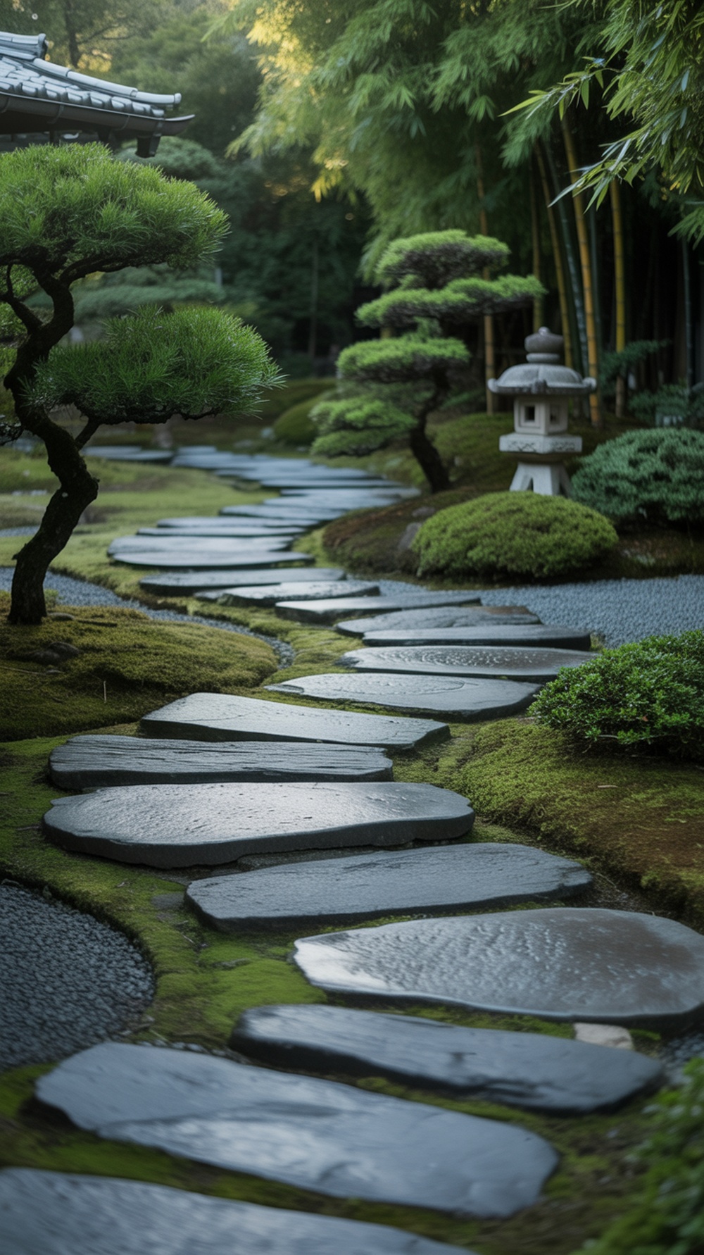 A serene Japanese garden with a stone pathway surrounded by moss and shrubs.
