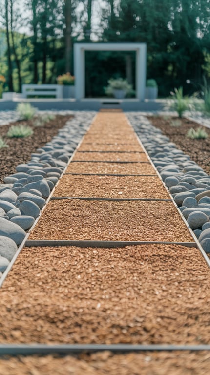 A minimalist garden pathway lined with river rocks and mulch.
