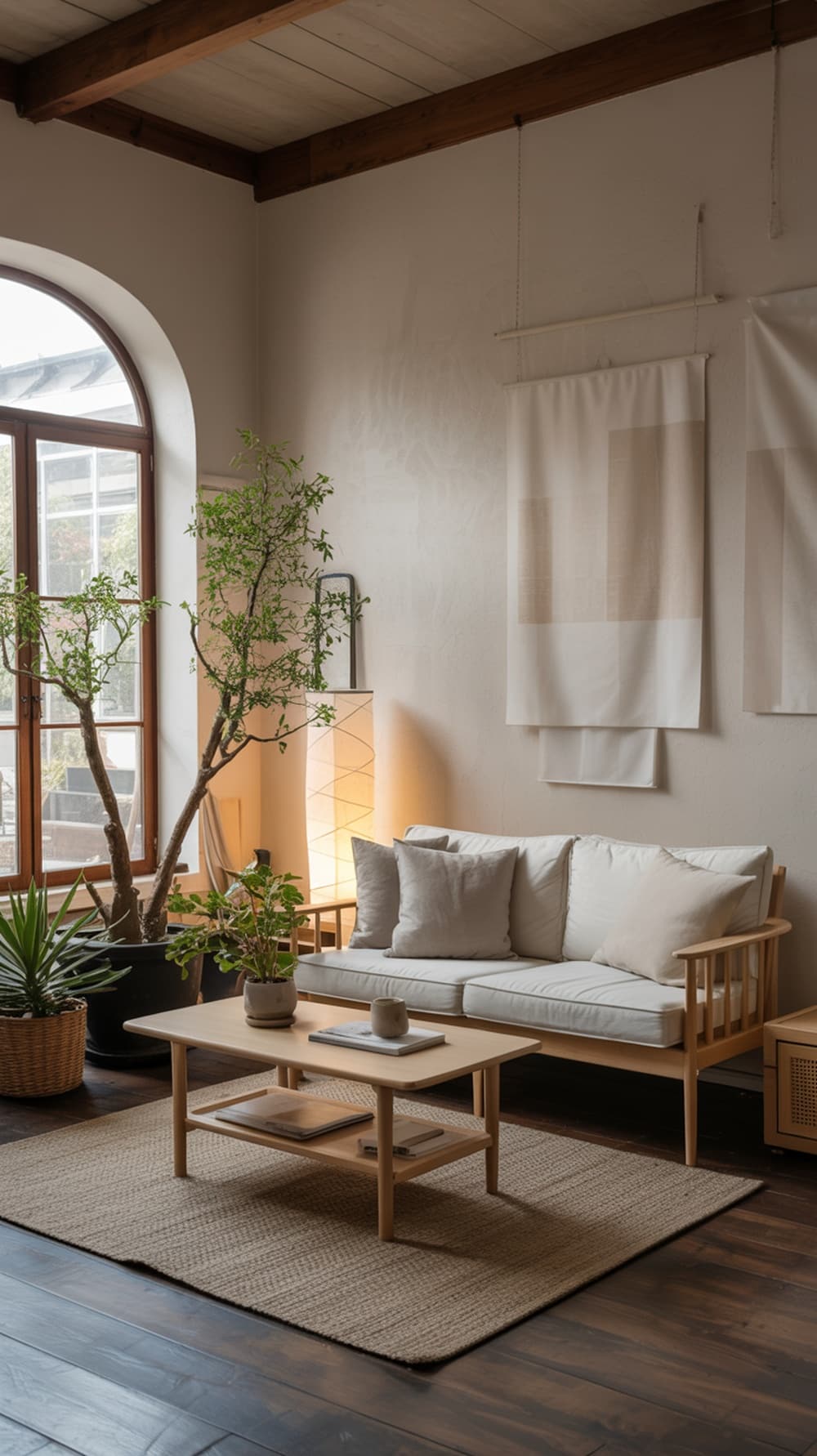 A minimalist living room with light wood furniture, plants, and soft lighting, showcasing a Zen-inspired decor.