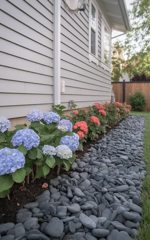 A landscaped area with blue hydrangeas and orange geraniums alongside a river rock pathway.