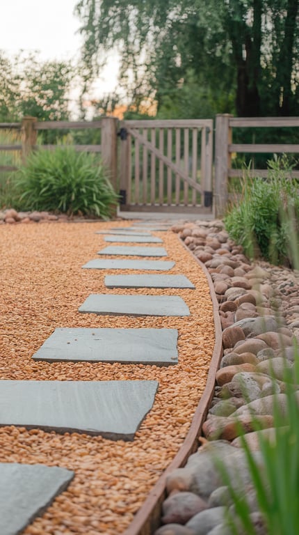 A gravel and boulder pathway with stepping stones leading to a wooden gate, surrounded by greenery.