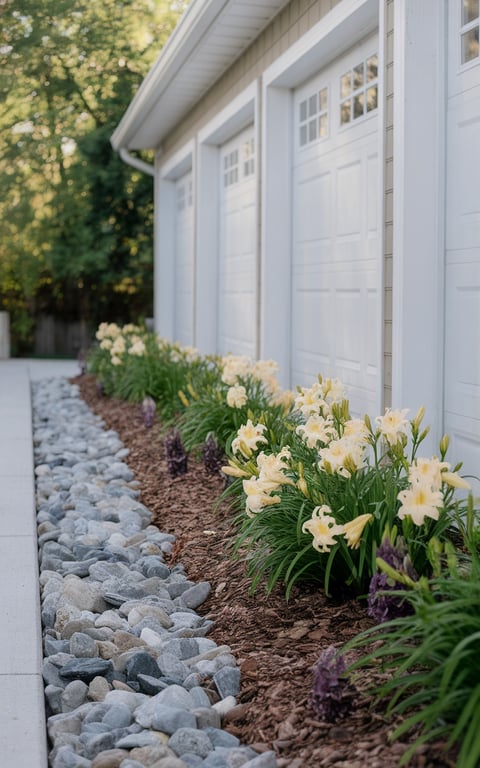 A side flowerbed with yellow flowers and river rocks along a garage.