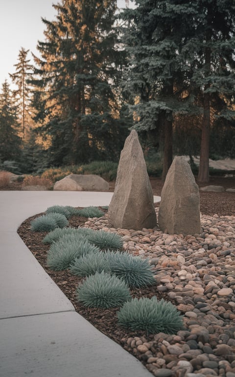 Rock sculpture feature in a landscaped front yard with smooth river rocks and greenery.
