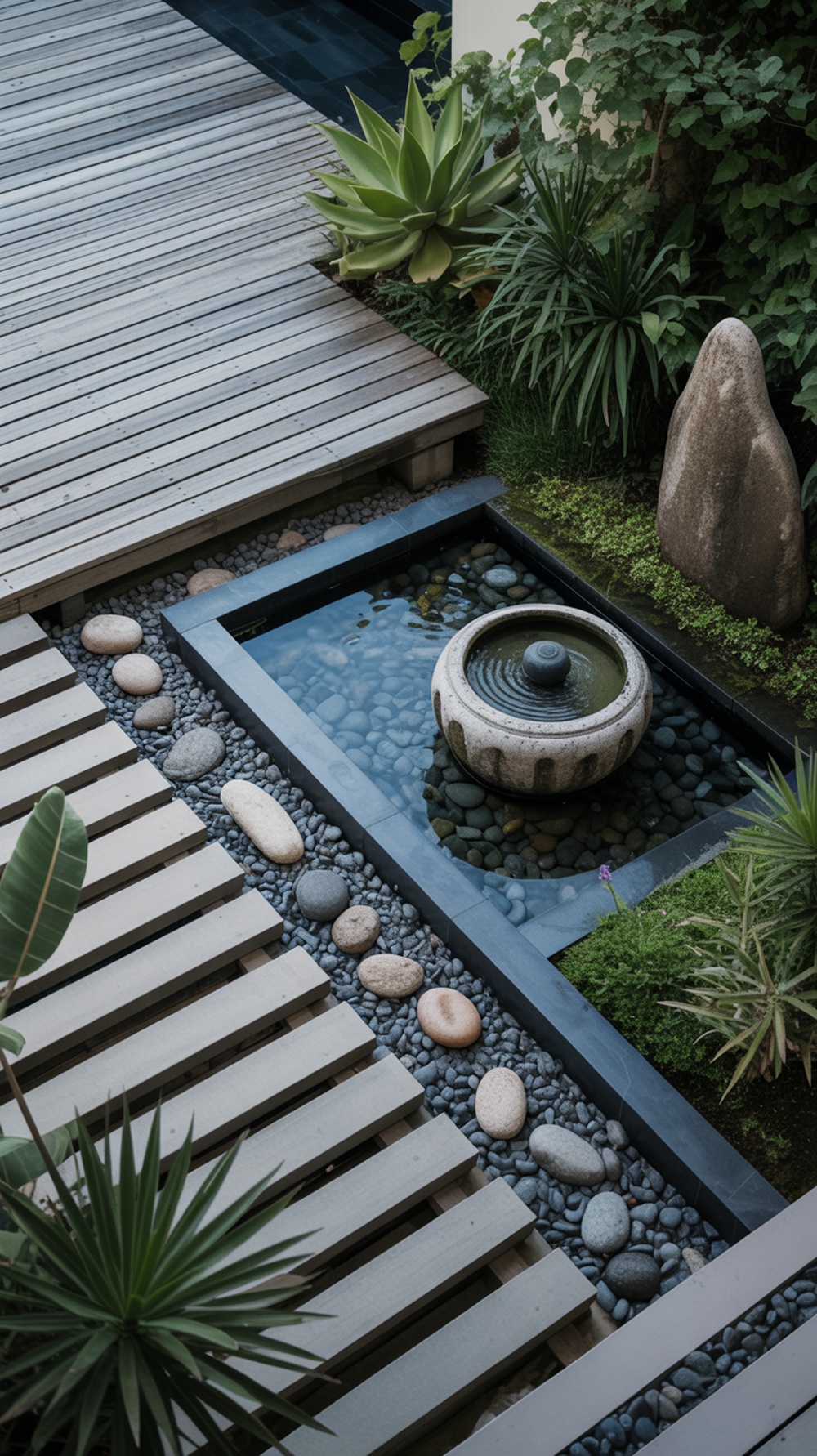 A serene outdoor zen space featuring wooden decking, smooth stones, a round water basin, and lush greenery.