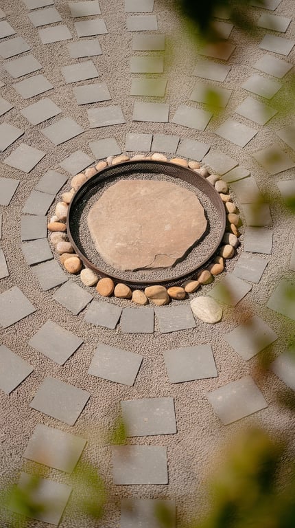 A circular fire pit surrounded by patterned stones and smooth river rocks.