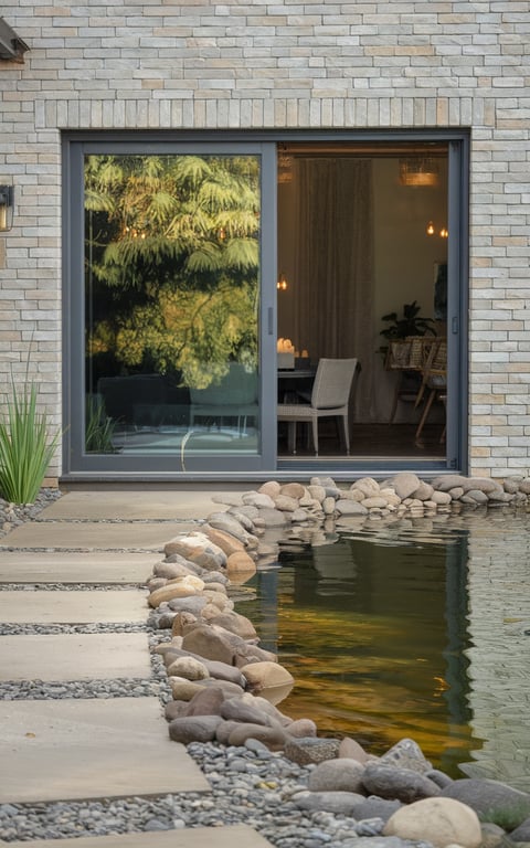 Backyard pond with river rock edging and stone pathway.