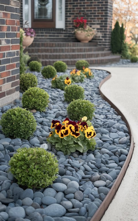 A beautifully landscaped front porch featuring a river rock planter bed with colorful flowers and round green shrubs.