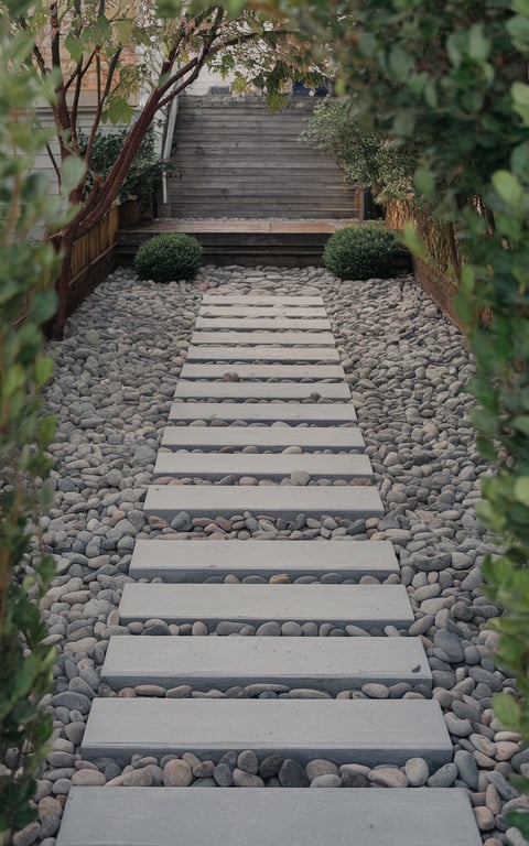 Front steps with river rock stair risers and a stone pathway.