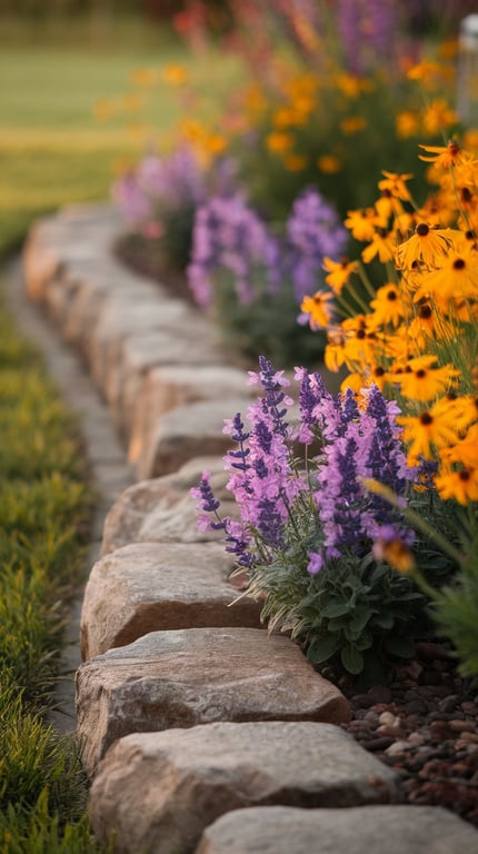 Curved rock edging with blooming purple and yellow flowers in a garden.