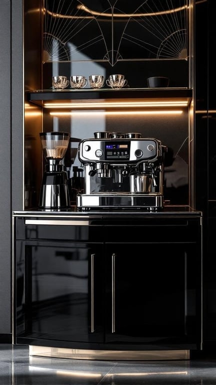 Art Deco coffee bar with mirrored backdrop and sleek coffee machine.