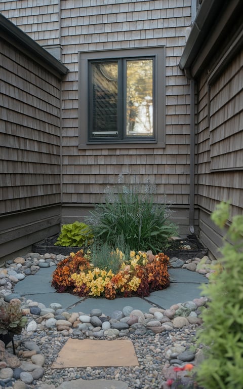 A landscaped entryway featuring a mix of river rocks and colorful flowers.