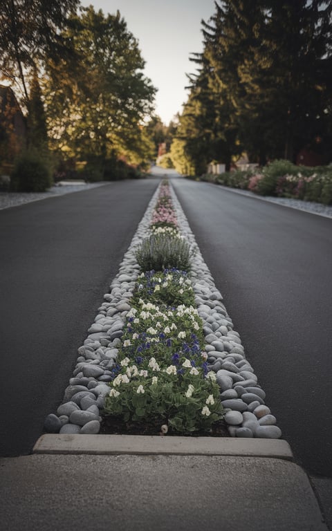 A driveway bordered with assorted smooth river rocks and colorful flowers.