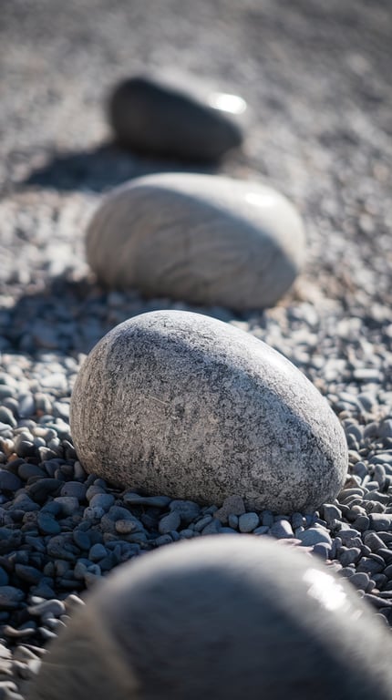 A close-up of large river rocks on a gravel surface.