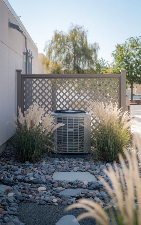 A side yard utility screen featuring a river rock base and ornamental grasses.