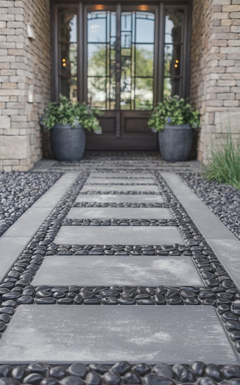 A stylish front walkway featuring a rock mosaic infill with smooth black pebbles and concrete slabs.
