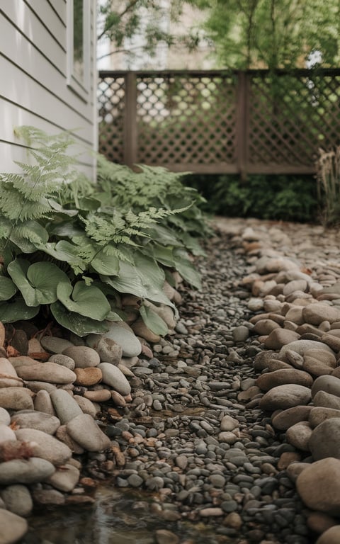A dry creek bed lined with smooth river rocks and lush greenery.