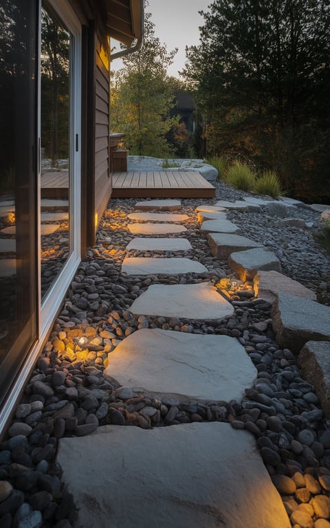 A garden pathway made of stone slabs and smooth river rocks leading to a wooden deck.