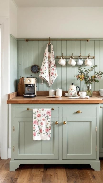 A cozy coffee bar featuring soft green cabinetry, a floral apron, and a coffee machine.
