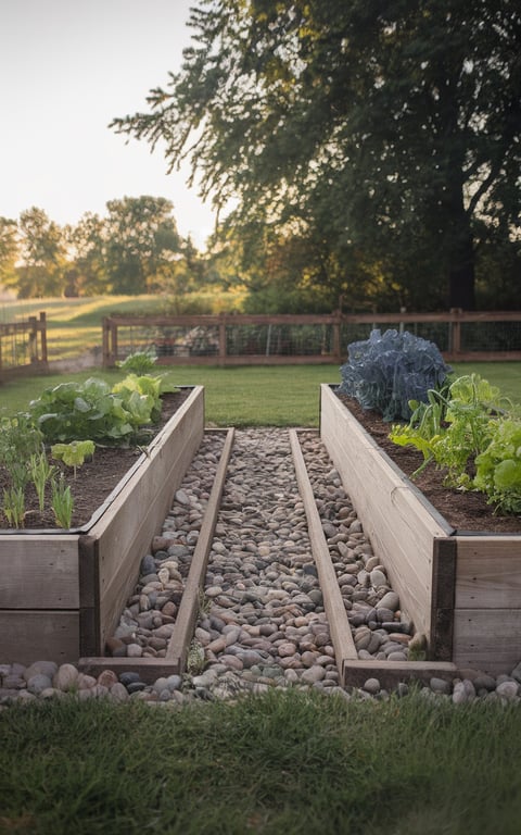 A backyard vegetable garden with wooden raised beds and a river rock pathway.