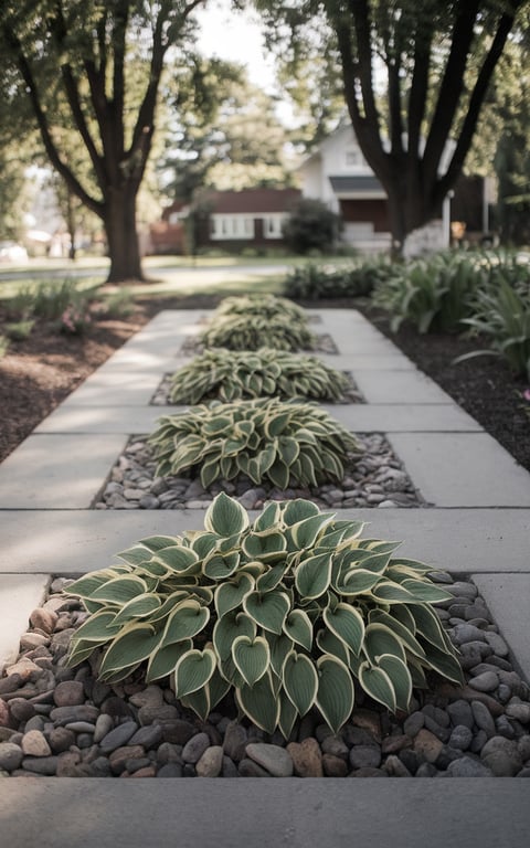 Planter beds with hostas surrounded by river rocks and stone pathway.
