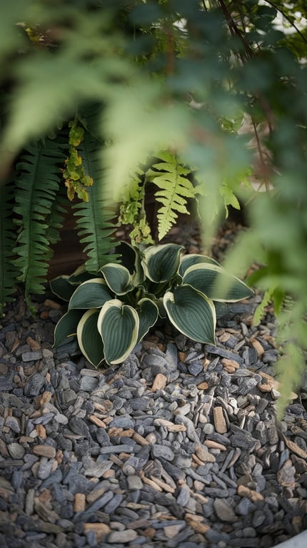 A lush garden featuring hostas surrounded by textured rock mulch and ferns.