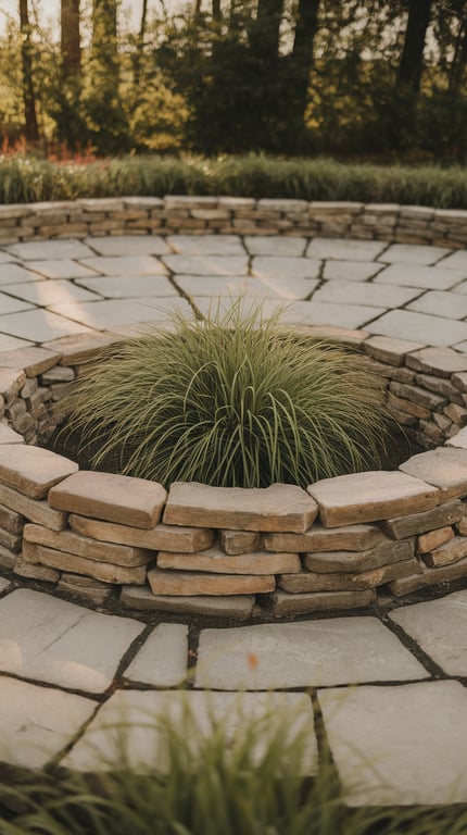 Circular rock garden design featuring ornamental grass in the center.