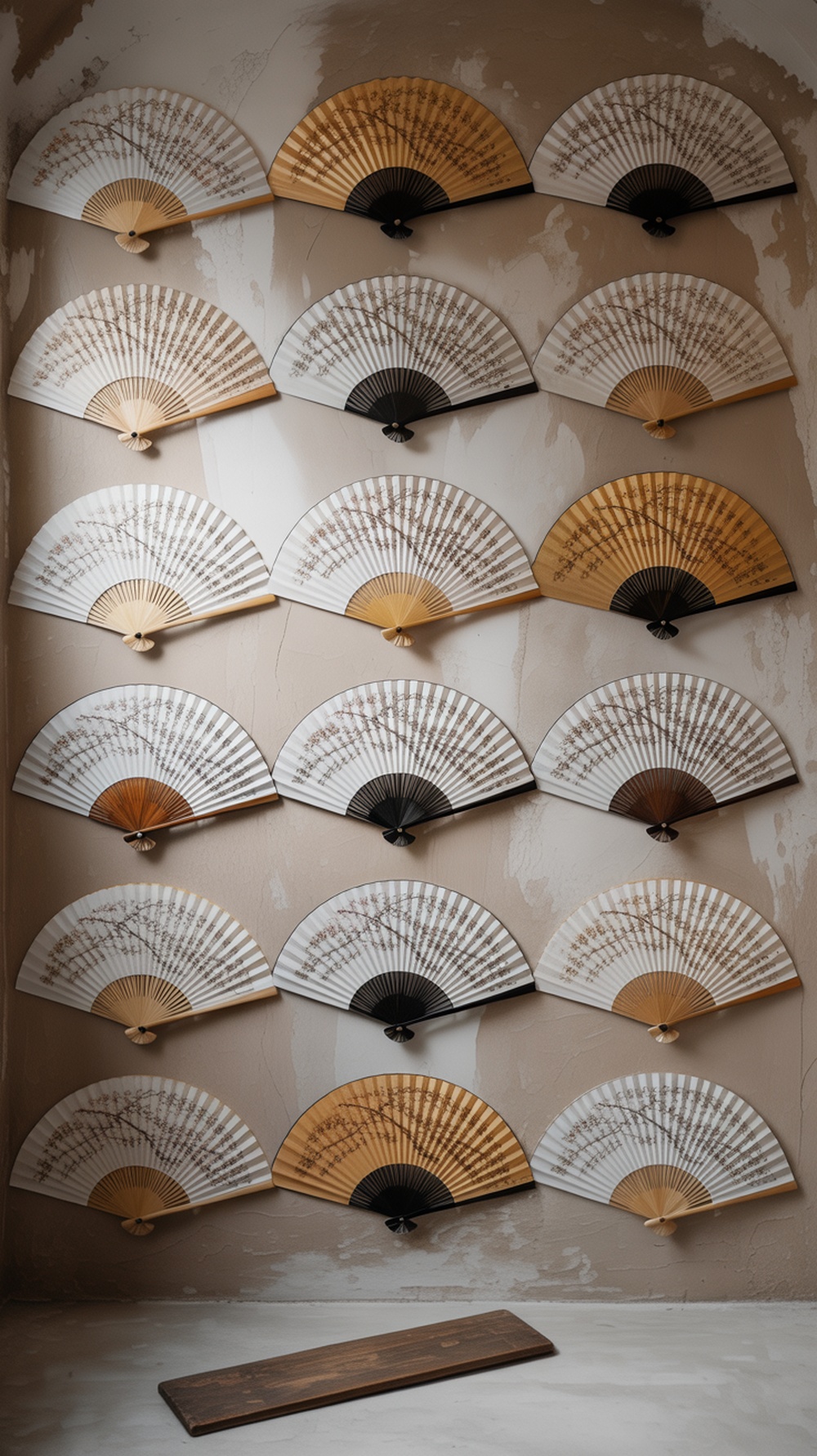A collection of decorative Japanese fans arranged on a wall, showcasing various designs and colors.