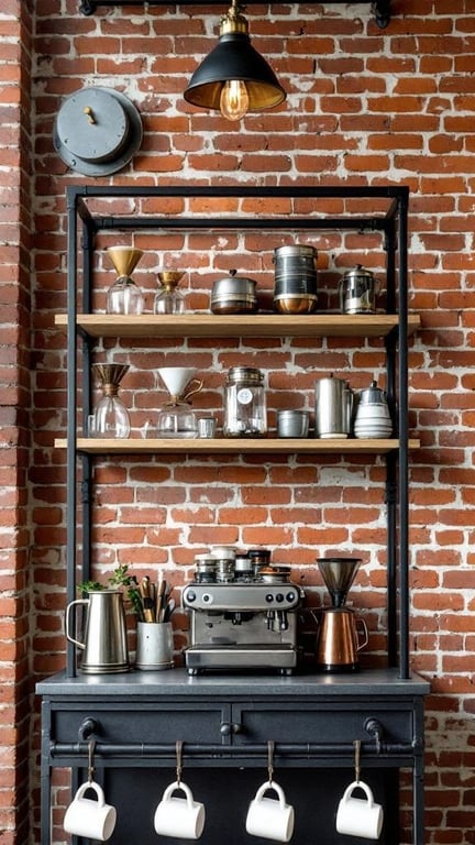 Industrial coffee bar station with exposed brick wall and metal shelving.