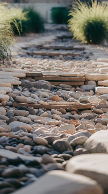A dry creekbed garden featuring stacked river stones and greenery.