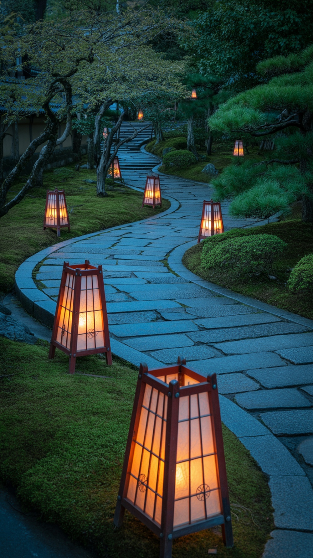 A serene pathway illuminated by Japanese lanterns in a garden setting.