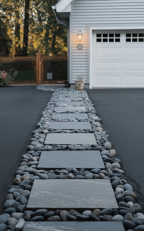 A walkway leading to a garage, lined with slate stones and river rocks.