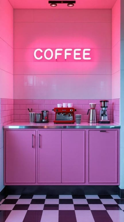 A retro diner style coffee bar with pink cabinets and a checkerboard floor.