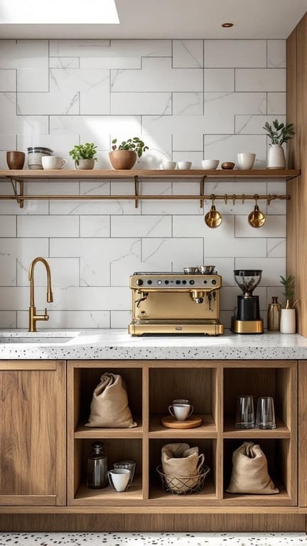 Stylish terrazzo coffee bar station with polished brass fixtures and a clean layout.