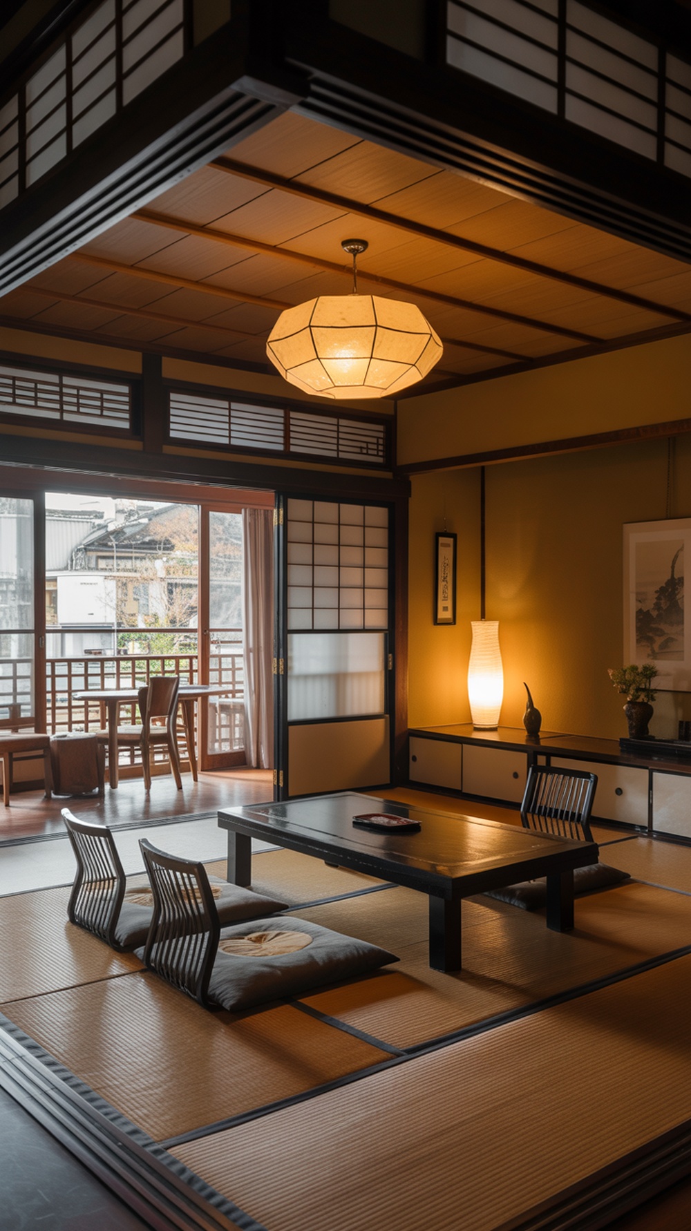 A cozy living area with tatami mats, a low wooden table, and soft lighting.