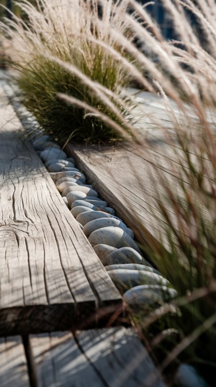 Reclaimed timber edging with smooth river rocks inset, surrounded by ornamental grass.